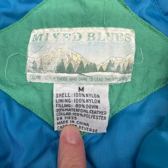 Vintage Green Puffer Coat Jacket Womens Medium 1990s Mixed Blues Nylon Down - Picture 4 of 7